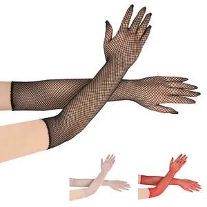 Long elastic fishnet gloves for party dance wedding available in black white and red