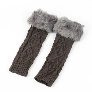 Professional long fingerless arm warmers featuring grey faux fur trim and diamond knit texture.