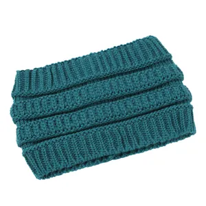 Close-up of teal knitted headband with textured ribbed design for women