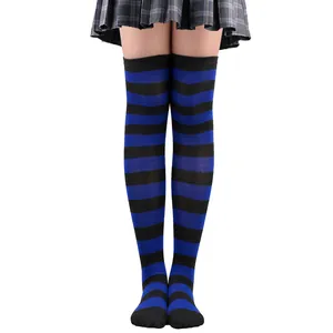 Blue and black striped over-the-knee socks perfect for cosplay anime outfits and party wear