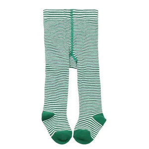 Detailed view of green and white striped infant footed leggings for Christmas and holidays.