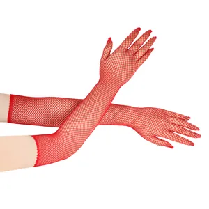 Elegant long red fishnet gloves with full finger design for dance party