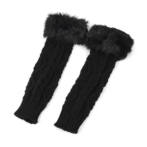 Long black knitted arm warmers with thick faux fur trim for women winter fashion