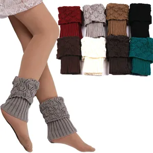 Women Knit Leg Warmers Short Boot Cuffs Hollow Out Jacquard Pattern Acrylic Winter Warm Foot Covers Crochet Leg Warmers