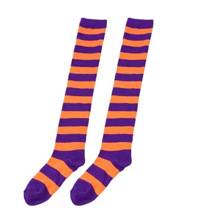 Detailed view of orange and purple striped over-the-knee socks for cosplay