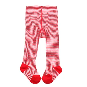 Festive red and white horizontal striped baby footed tights for Christmas and Halloween