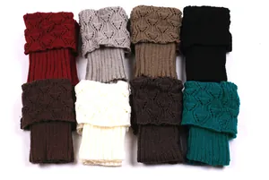 Detail showing eight colors of knitted short boot cuffs with hollow fish mouth pattern.
