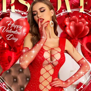 Guanti lunghi a rete rossi con strass scintillanti per abiti sexy da discoteca