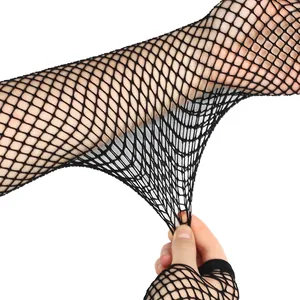 Sexy black elastic long fishnet gloves for clubwear party showing high stretch texture
