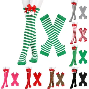 Weihnachten Überknie Oberschenkelhohe Socken Und Armstulpen Set Mit Schleife Pompon Gestreifte Lange Socken Fingerlose Handschuhe Für Damen Party Kostüm