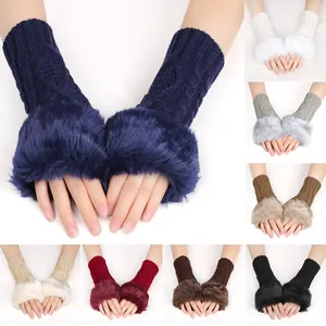 Knitted fingerless gloves with faux fur trim and diamond pattern in multiple colors