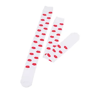 Detail shot of white over-the-knee socks with red lip print for Valentine's Day