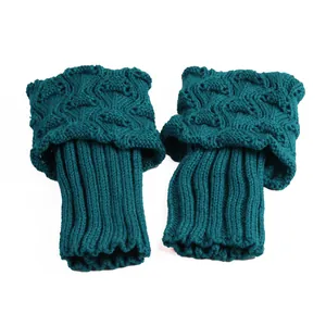 Teal knitted cable knit boot cuffs with ribbed texture for winter warmth and style