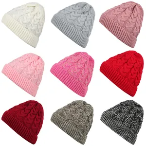 Nine color variants of warm cable knit beanies for men and women in a 3x3 grid display