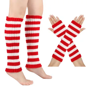 Rot-weiß gestreifter Strick-Beinstulpen und fingerlose Handschuhe Set