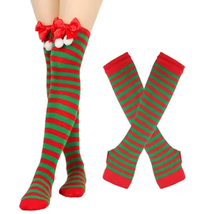 Weihnachts-Set: Rot-grün gestreifte Overknee-Socken und Armstulpen mit Schleifen