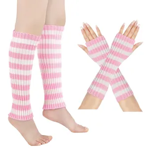 Gestricktes Stulpen-Set für Arme und Beine in Rosa und Weiß gestreift für den Winter