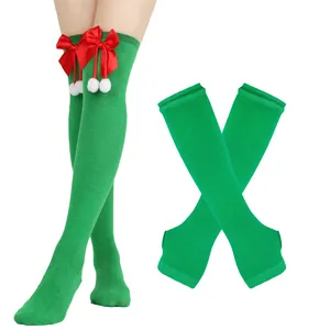 Festliche grüne Weihnachts-Kniestrümpfe mit roten Schleifen und passenden Armstulpen-Set