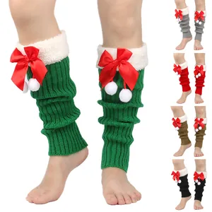 Christmas Knit Leg Warmers For Women Faux Fur Trim Bow Pom Poms Festive Ribbed Legging Sleeves Winter Warm Leg Covers Gifts