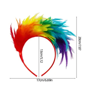Detailed dimension diagram of rainbow feather headband for festival and carnival parties