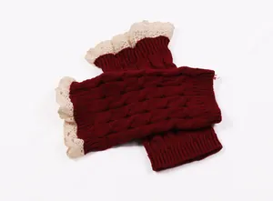 Cozy cable knit burgundy leg warmers featuring delicate cream floral lace edging
