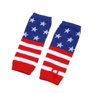 Close-up detail of patriotic knit arm warmers with US flag stars and stripes pattern