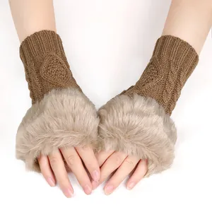 Warm brown knitted fingerless gloves featuring luxury beige faux fur trim for women