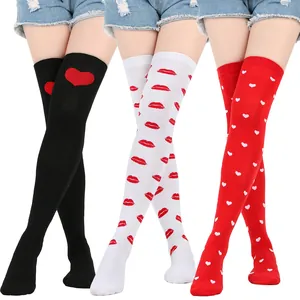 Over-the-knee high socks for Valentine's Day party with heart and lip print designs
