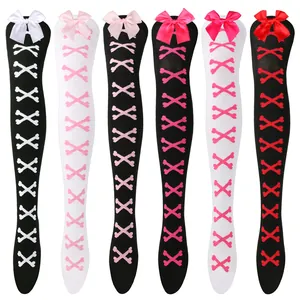 Lot de six bas au-dessus du genou avec imprimé os et nœud en satin pour cosplay et mode Lolita