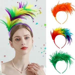 Set of colorful feather headbands for carnival party displayed on a model and in variants