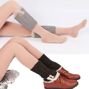 Women's Cable Knit Boot Cuffs With Lace Trim And Buttons Crochet Leg Warmers Short Boot Toppers Winter Ankle Warmers