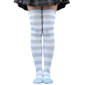 Chaussettes hautes à rayures bleu ciel et blanc pour cosplay et soirées à thème