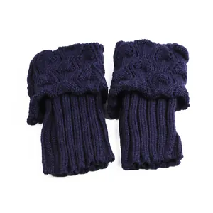 Detailed macro view of navy blue cable knit boot cuffs with decorative ribbed texture