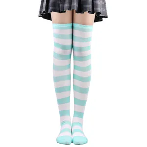 Calze sopra il ginocchio a righe bianche e verde acqua per cosplay e feste