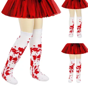 White children's over-the-knee socks with red blood splatter pattern for Halloween COS.