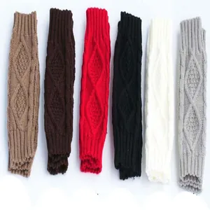 Detailed view of cable knit arm warmers available in several winter-ready colors