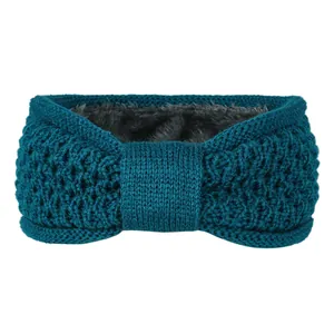 Gros plan d'un bandeau en tricot bleu sarcelle avec doublure polaire grise pour la chaleur