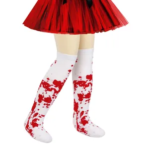 Kids' Halloween white over-the-knee socks with red blood splatter pattern detail