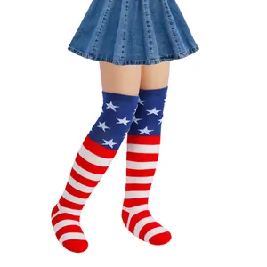 Childrens over-the-knee socks featuring American flag stars and stripes pattern