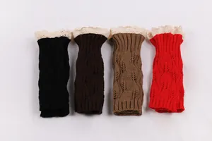 Four colors of knitted fingerless wrist warmers with elegant white lace trim details.