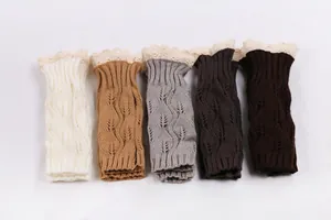 Set of five knitted wrist warmers with delicate lace trim and leaf pattern textures