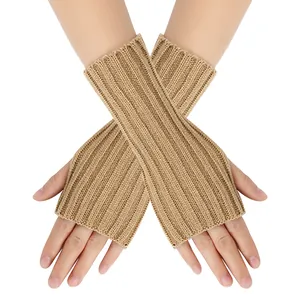 Warm winter acrylic knitted fingerless arm warmers in khaki tan color for women