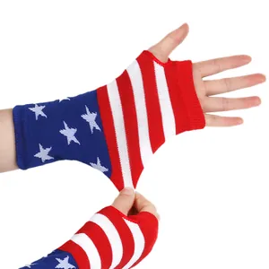 Detailed view of elastic USA flag fingerless gloves with stars and stripes pattern