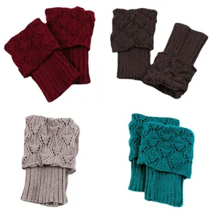 Short knitted boot cuffs with hollow diamond pattern available in four colors.