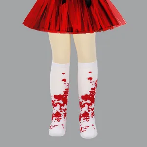White knee-high Halloween socks for kids with red blood splatter pattern detail