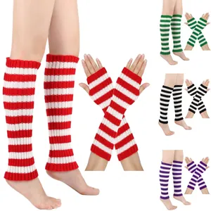 Damen Gestreifte Strick Beinstövchen Und Fingerlose Handschuhe Set Acryl Warme Lange Socken Armstulpen Weihnachten Party Zubehör