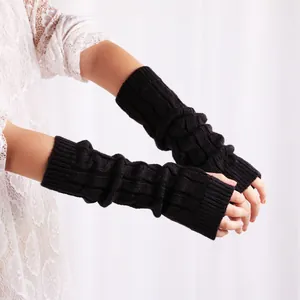 Black cable knit fingerless gloves long arm warmers for autumn and winter outdoor use
