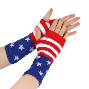 Detail showing children's fingerless gloves with American flag stars and stripes design