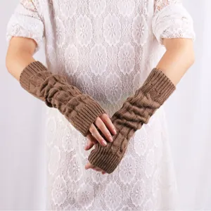 Comfortable brown cable knit long fingerless arm warmers for women's winter warmth accessories