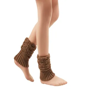 Short brown knitted leg warmers with cable knit pattern for stylish boot decoration